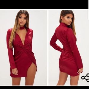 Burgundy Satin Choker Detail Wrap Bodycon Dress